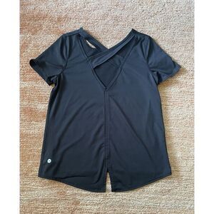 Avia Black Activewear Top L Cross Back Slit Hem Recycled Stretch Tee